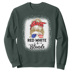 Funny 4th Of July Red White And Blonde Sweatshirt Messy Bun Girl American Flag Sunglasses TS11 Dark Forest Green Print Your Wear