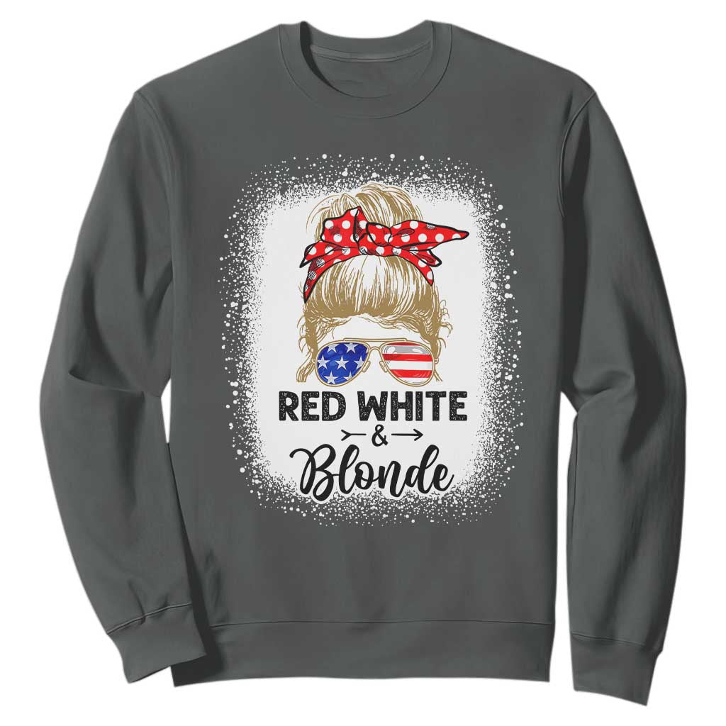 Funny 4th Of July Red White And Blonde Sweatshirt Messy Bun Girl American Flag Sunglasses TS11 Dark Heather Print Your Wear
