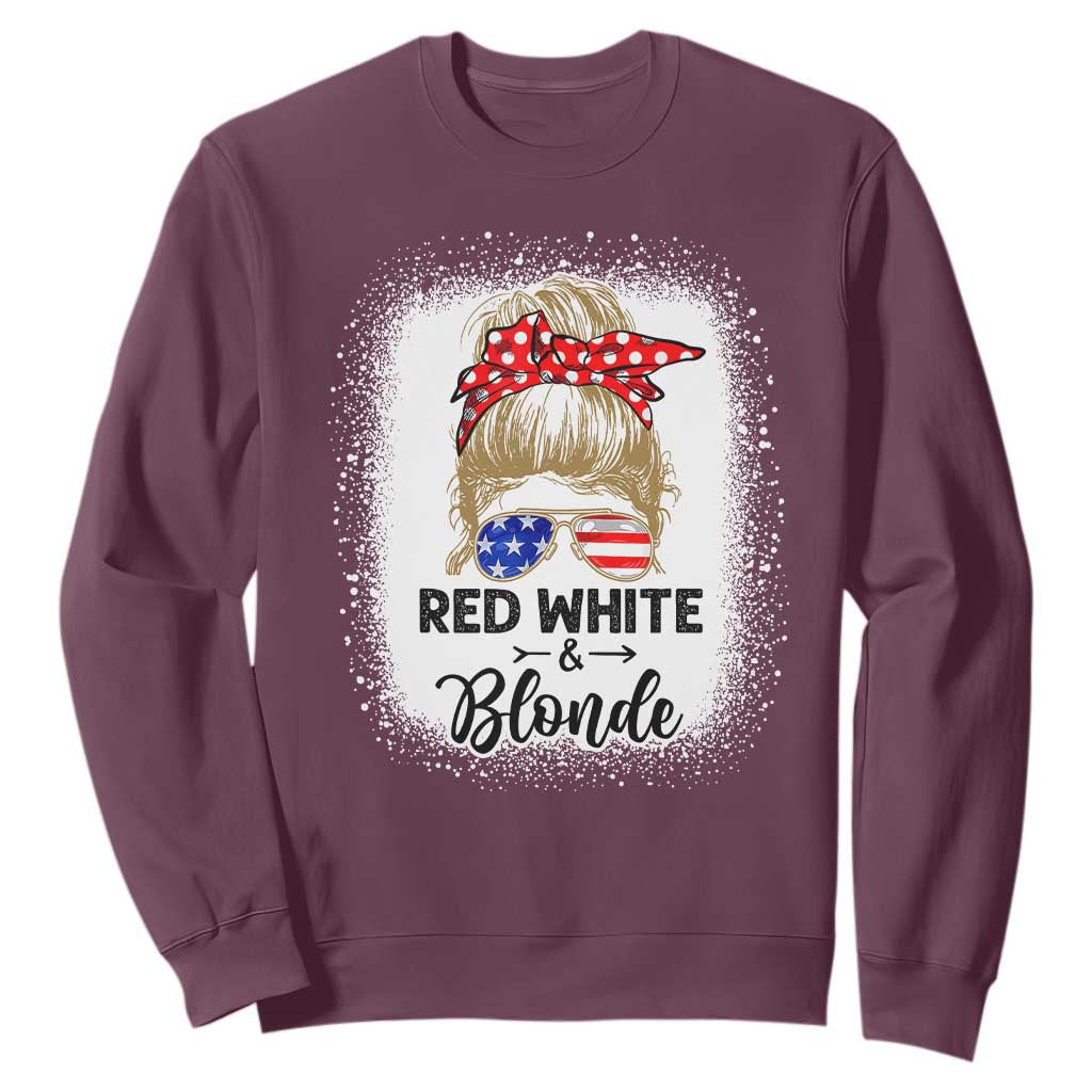 Funny 4th Of July Red White And Blonde Sweatshirt Messy Bun Girl American Flag Sunglasses TS11 Maroon Print Your Wear