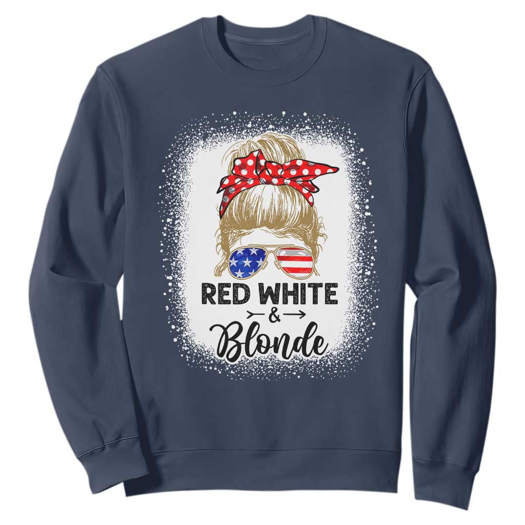 Funny 4th Of July Red White And Blonde Sweatshirt Messy Bun Girl American Flag Sunglasses TS11 Navy Print Your Wear