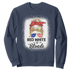 Funny 4th Of July Red White And Blonde Sweatshirt Messy Bun Girl American Flag Sunglasses TS11 Navy Print Your Wear