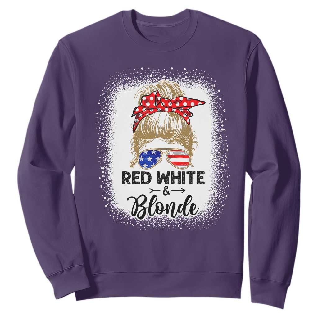 Funny 4th Of July Red White And Blonde Sweatshirt Messy Bun Girl American Flag Sunglasses TS11 Purple Print Your Wear