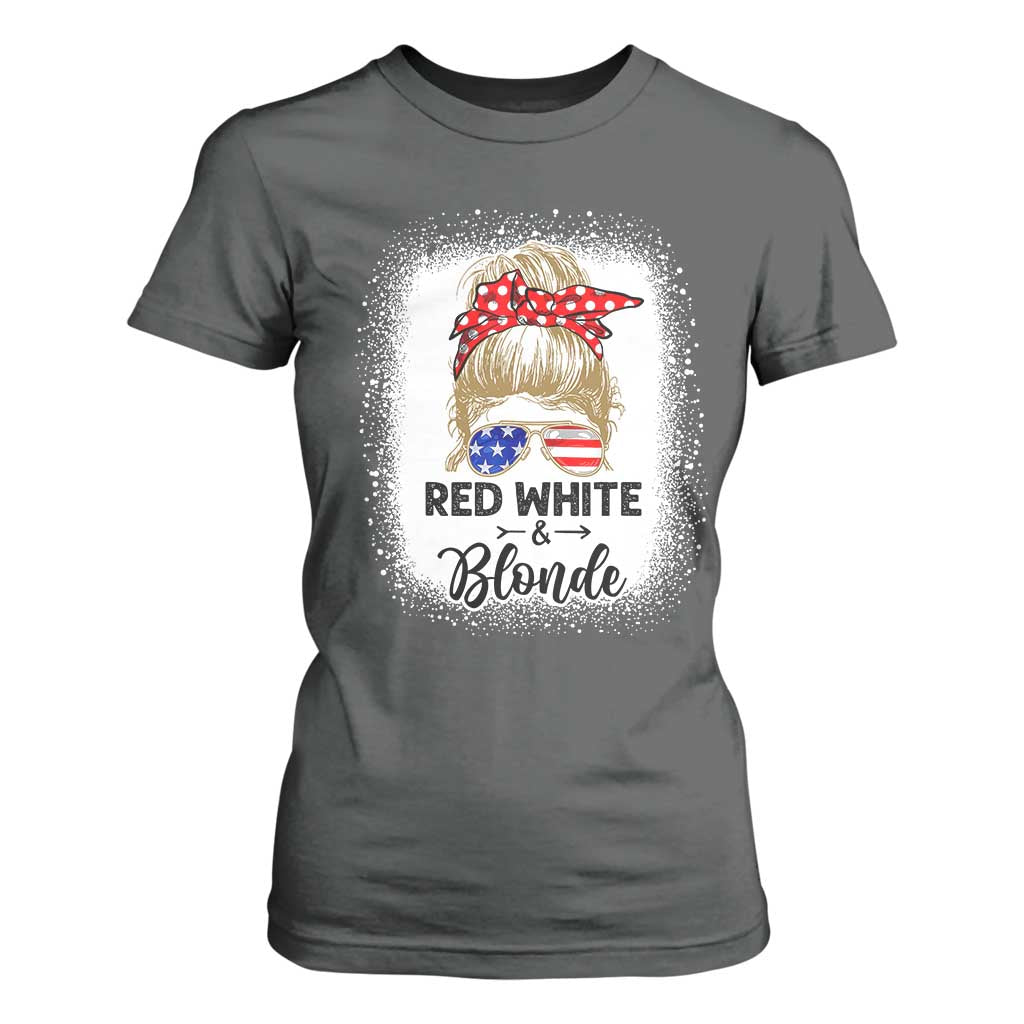 Funny 4th Of July Red White And Blonde T Shirt For Women Messy Bun Girl American Flag Sunglasses TS11 Dark Heather Print Your Wear