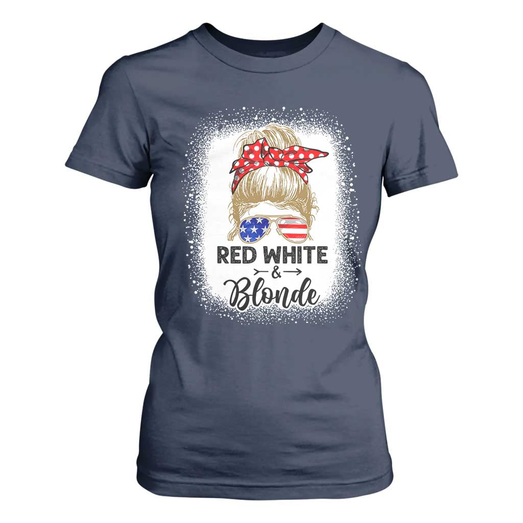 Funny 4th Of July Red White And Blonde T Shirt For Women Messy Bun Girl American Flag Sunglasses TS11 Navy Print Your Wear