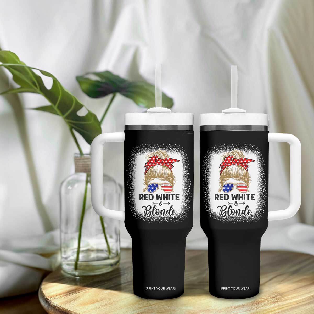 Funny 4th Of July Red White And Blonde Tumbler With Handle Messy Bun Girl American Flag Sunglasses TS11 Print Your Wear