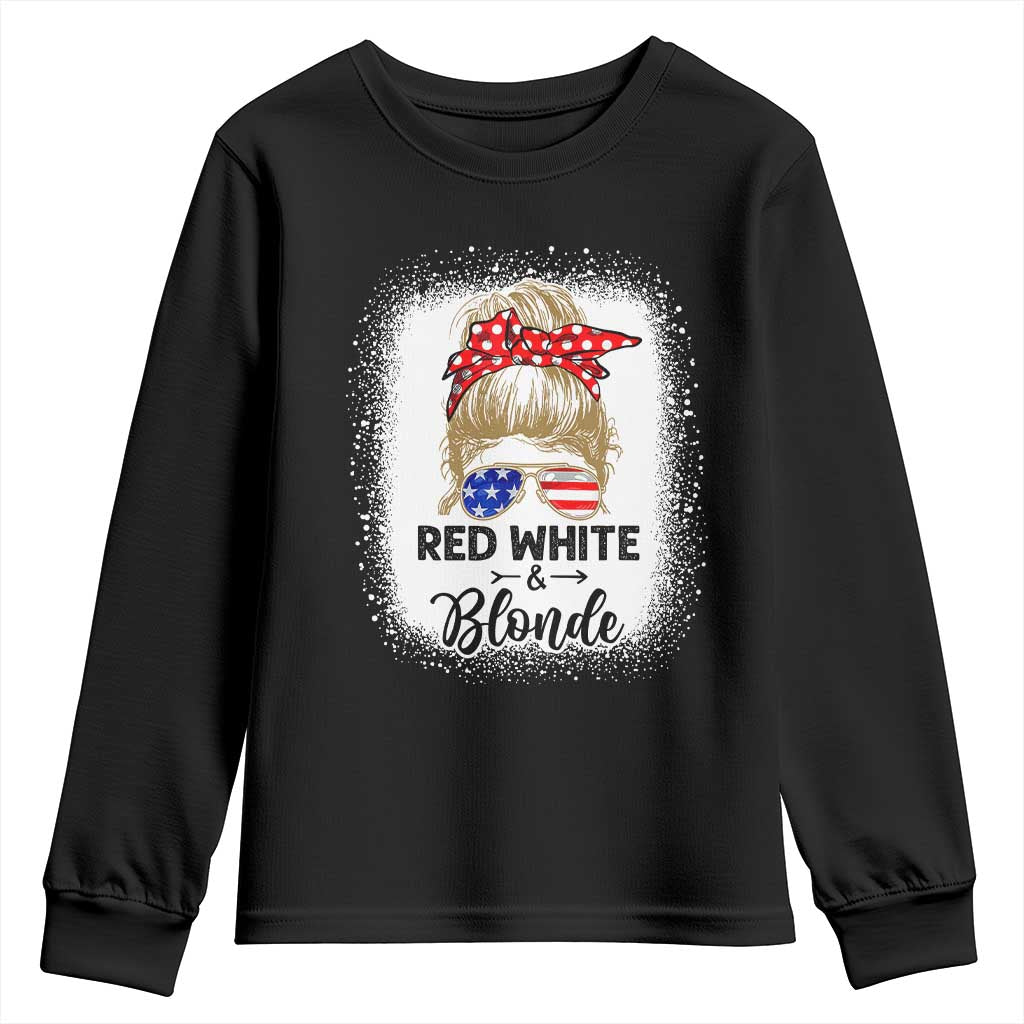 Funny 4th Of July Red White And Blonde Youth Sweatshirt Messy Bun Girl American Flag Sunglasses TS11 Black Print Your Wear