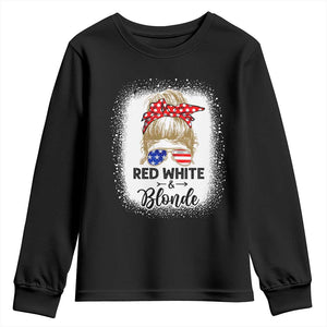 Funny 4th Of July Red White And Blonde Youth Sweatshirt Messy Bun Girl American Flag Sunglasses TS11 Black Print Your Wear