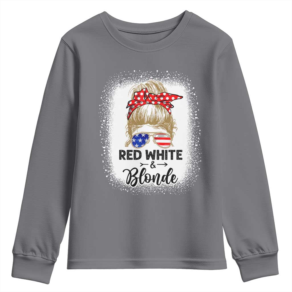 Funny 4th Of July Red White And Blonde Youth Sweatshirt Messy Bun Girl American Flag Sunglasses TS11 Charcoal Print Your Wear