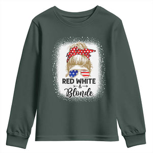 Funny 4th Of July Red White And Blonde Youth Sweatshirt Messy Bun Girl American Flag Sunglasses TS11 Dark Forest Green Print Your Wear