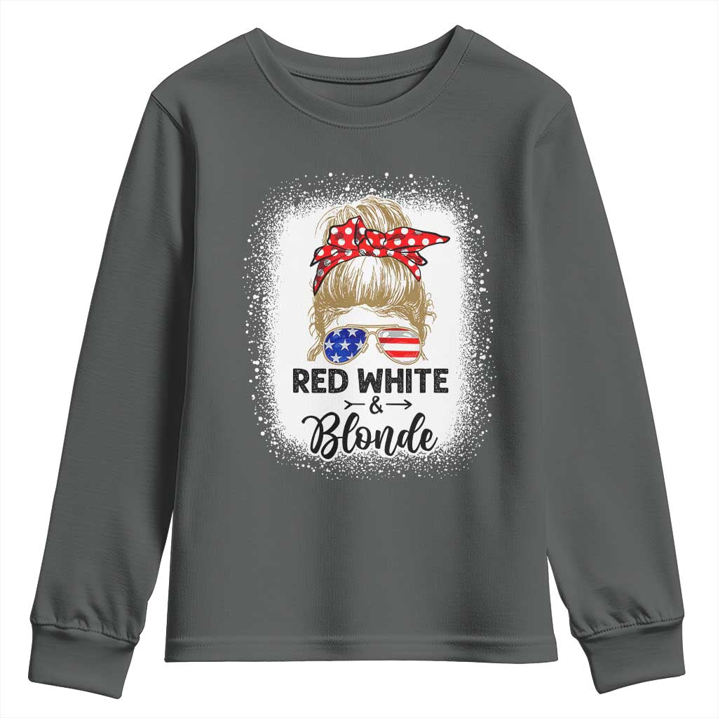 Funny 4th Of July Red White And Blonde Youth Sweatshirt Messy Bun Girl American Flag Sunglasses TS11 Dark Heather Print Your Wear