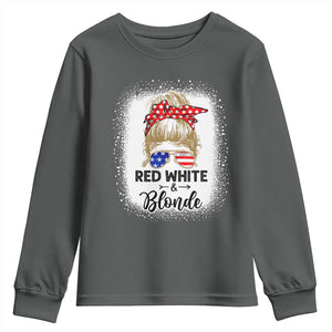Funny 4th Of July Red White And Blonde Youth Sweatshirt Messy Bun Girl American Flag Sunglasses TS11 Dark Heather Print Your Wear