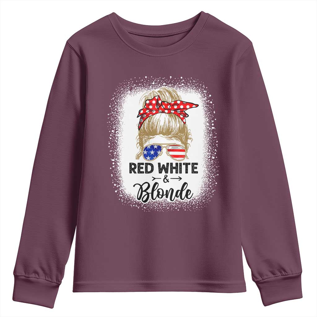 Funny 4th Of July Red White And Blonde Youth Sweatshirt Messy Bun Girl American Flag Sunglasses TS11 Maroon Print Your Wear