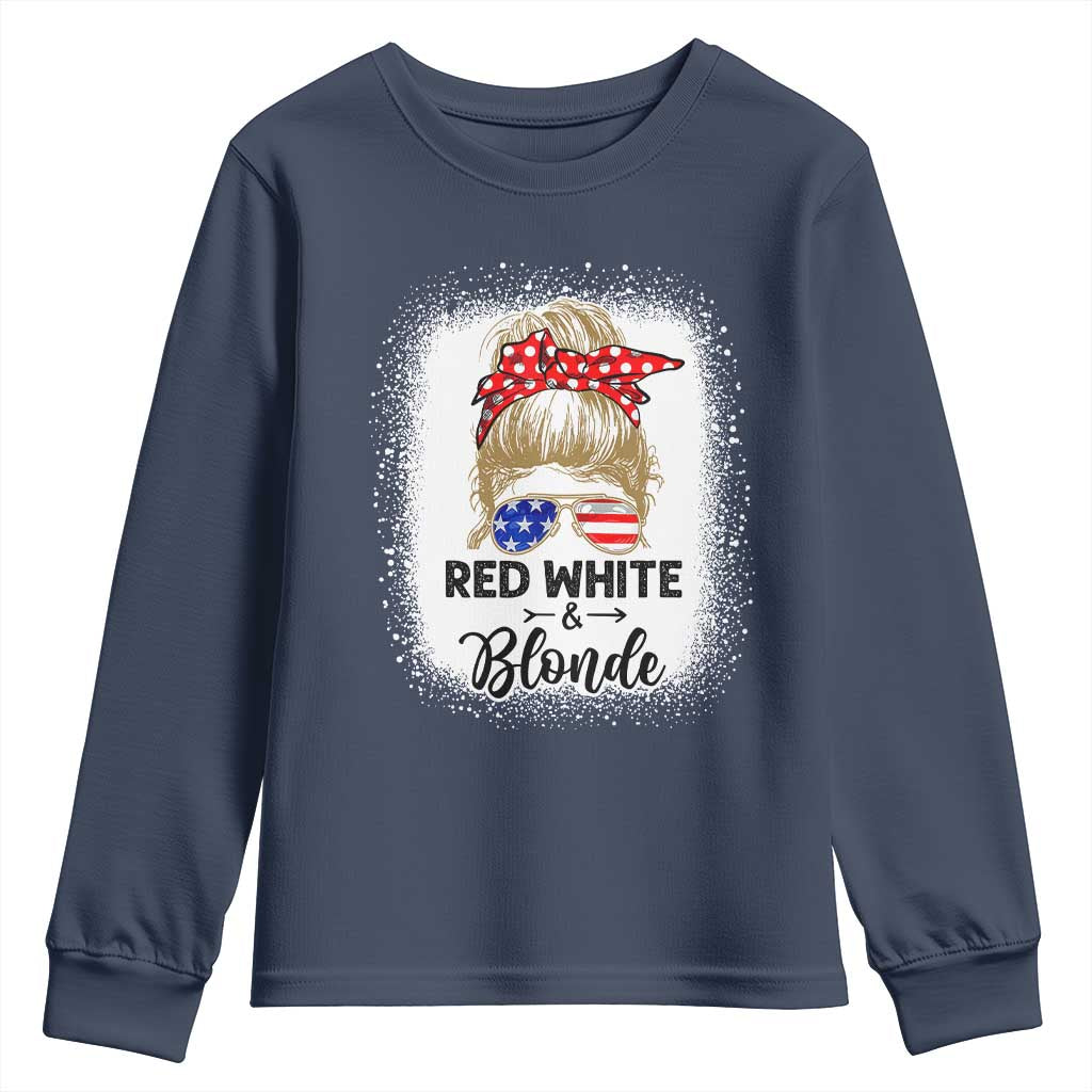 Funny 4th Of July Red White And Blonde Youth Sweatshirt Messy Bun Girl American Flag Sunglasses TS11 Navy Print Your Wear
