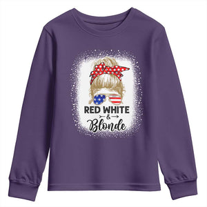 Funny 4th Of July Red White And Blonde Youth Sweatshirt Messy Bun Girl American Flag Sunglasses TS11 Purple Print Your Wear