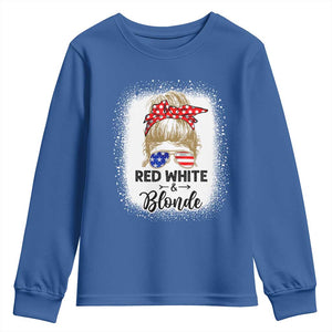 Funny 4th Of July Red White And Blonde Youth Sweatshirt Messy Bun Girl American Flag Sunglasses TS11 Royal Blue Print Your Wear