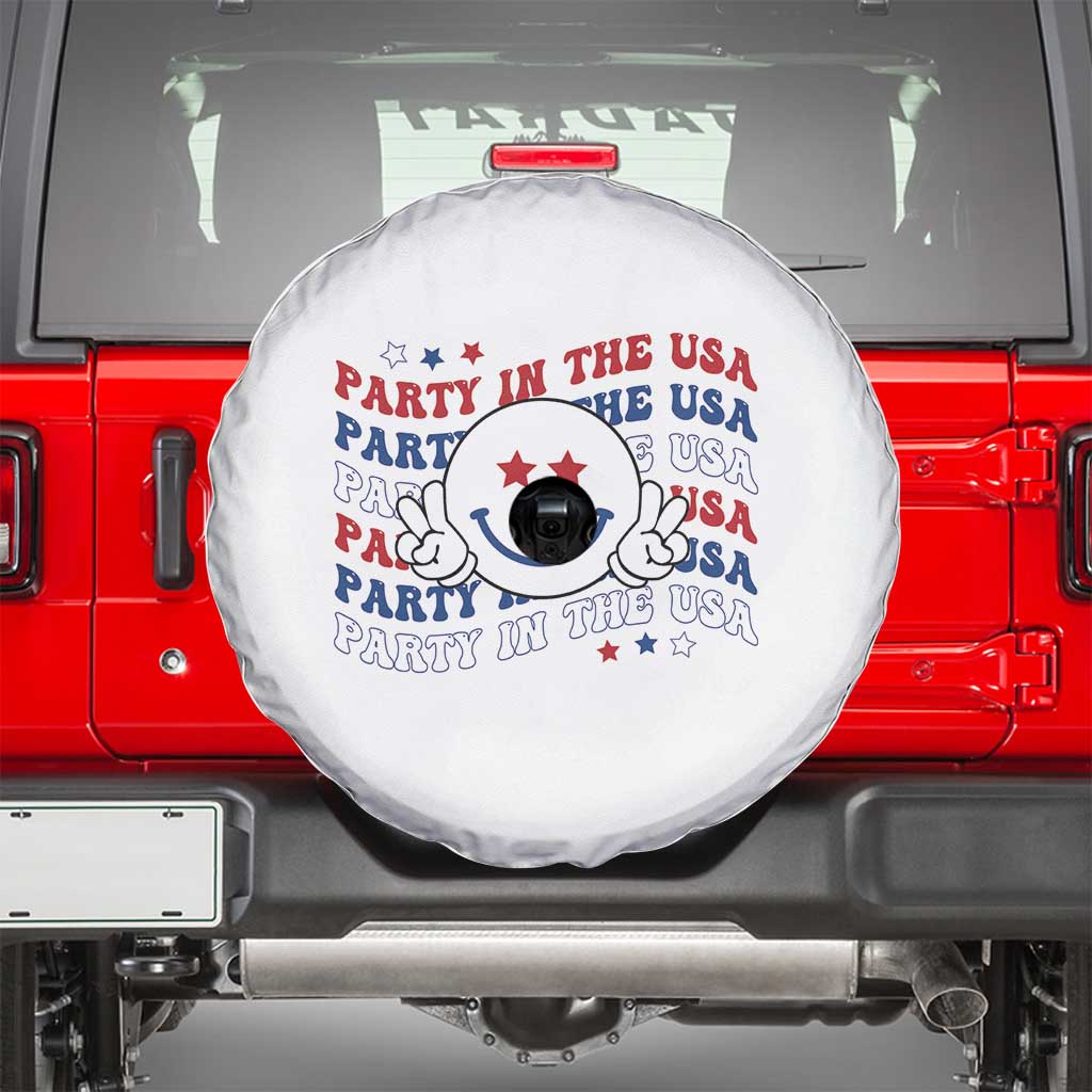 Funny 4th Of July Spare Tire Cover Party In The USA Smiling Face Retro Groovy TS02 White Print Your Wear