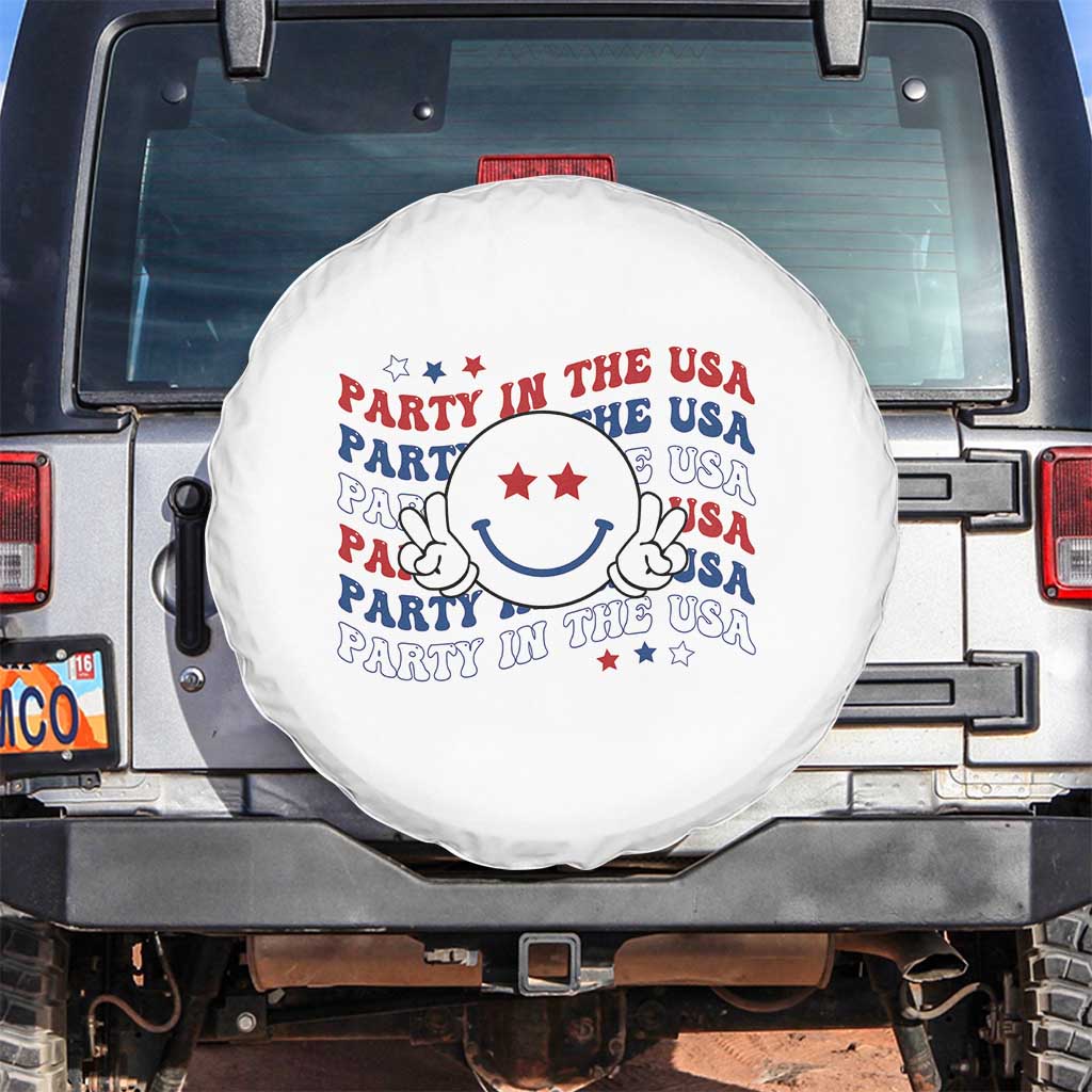 Funny 4th Of July Spare Tire Cover Party In The USA Smiling Face Retro Groovy TS02 No hole White Print Your Wear