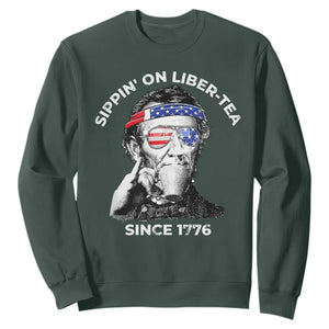 Funny 4th Of July Sweatshirt Sippin On Liber Tea Liberty Abe Lincoln 1776 USA Flag TS10 Dark Forest Green Print Your Wear
