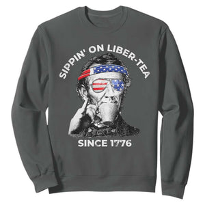 Funny 4th Of July Sweatshirt Sippin On Liber Tea Liberty Abe Lincoln 1776 USA Flag TS10 Dark Heather Print Your Wear