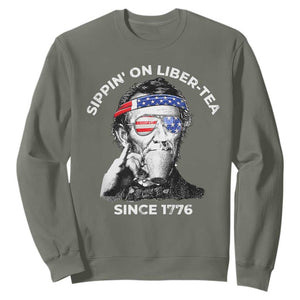 Funny 4th Of July Sweatshirt Sippin On Liber Tea Liberty Abe Lincoln 1776 USA Flag TS10 Military Green Print Your Wear