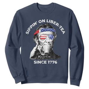 Funny 4th Of July Sweatshirt Sippin On Liber Tea Liberty Abe Lincoln 1776 USA Flag TS10 Navy Print Your Wear