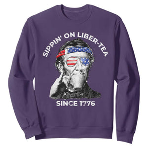 Funny 4th Of July Sweatshirt Sippin On Liber Tea Liberty Abe Lincoln 1776 USA Flag TS10 Purple Print Your Wear