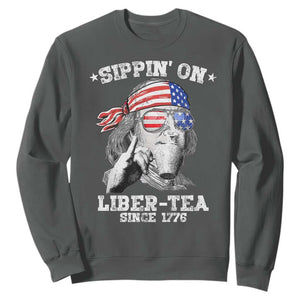 Funny 4th Of July Sweatshirt Sippin On Liber Tea Liberty Ben Franklin 1776 USA Flag TS10 Dark Heather Print Your Wear
