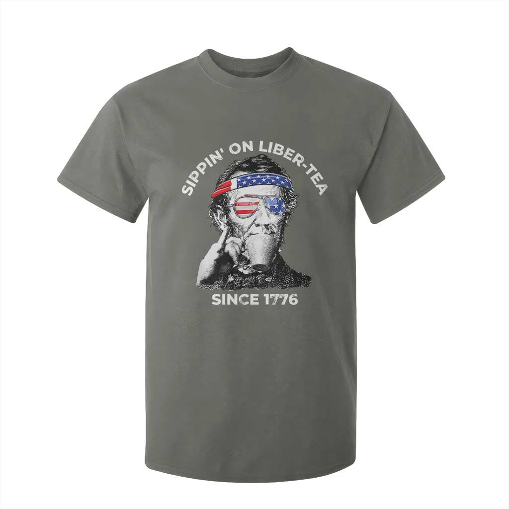 Funny 4th Of July T Shirt For Kid Sippin On Liber Tea Liberty Abe Lincoln 1776 USA Flag TS10 Military Green Print Your Wear
