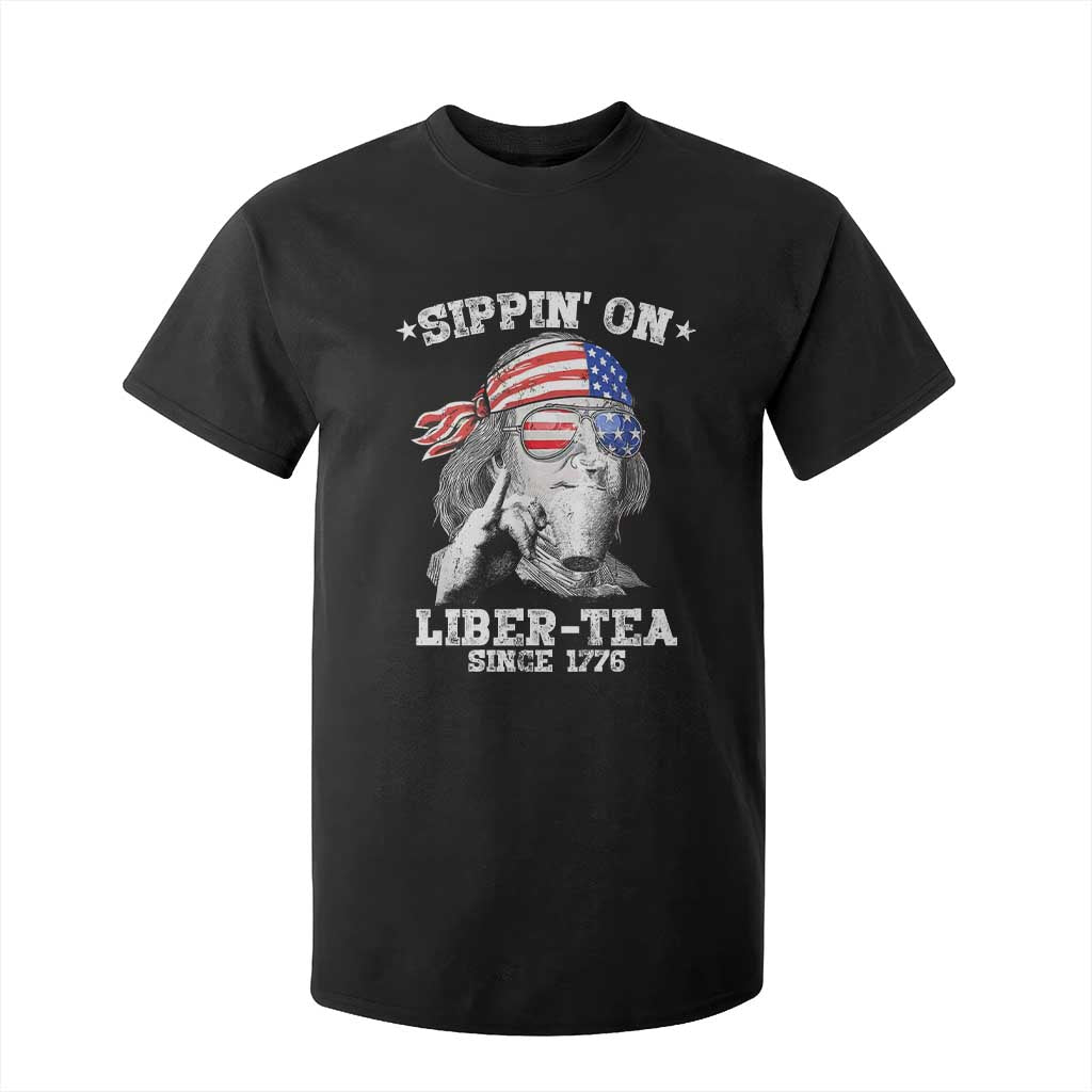 Funny 4th Of July T Shirt For Kid Sippin On Liber Tea Liberty Ben Franklin 1776 USA Flag TS10 Black Print Your Wear