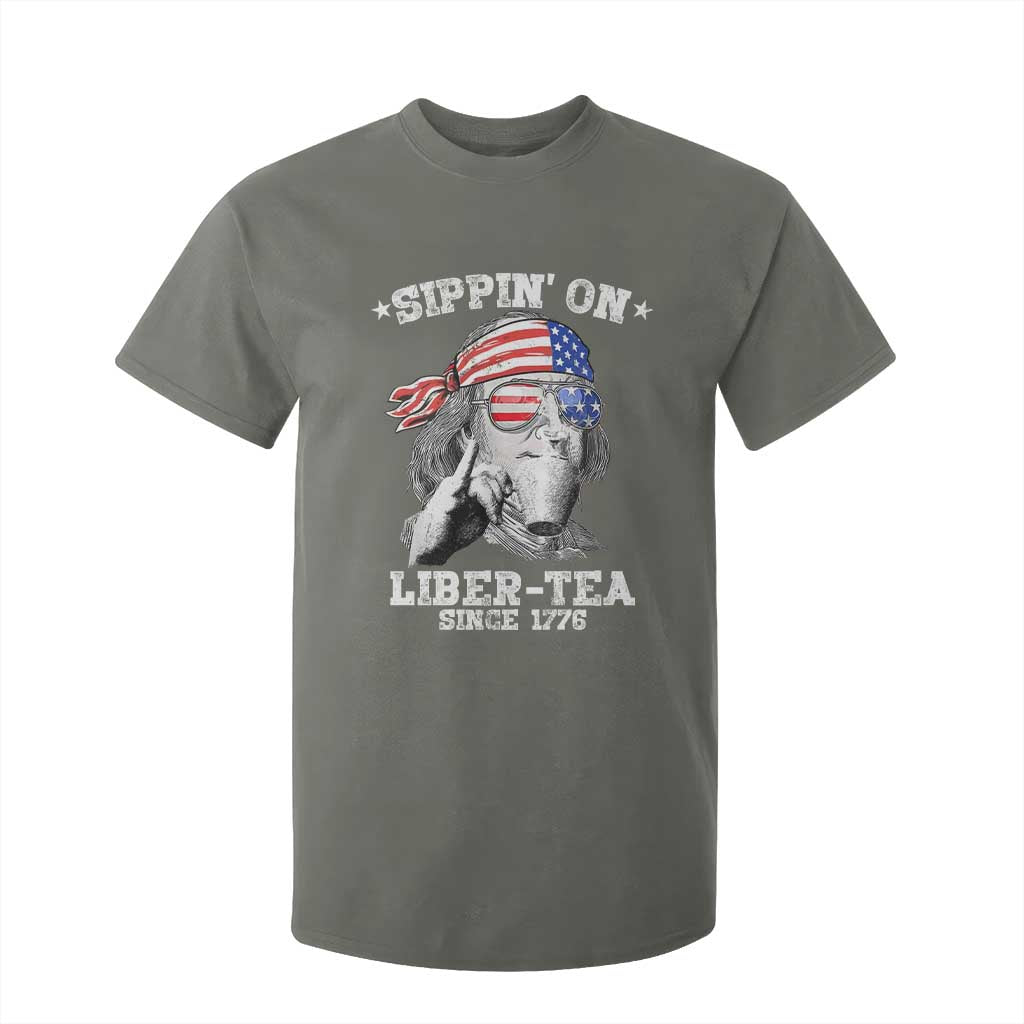Funny 4th Of July T Shirt For Kid Sippin On Liber Tea Liberty Ben Franklin 1776 USA Flag TS10 Military Green Print Your Wear