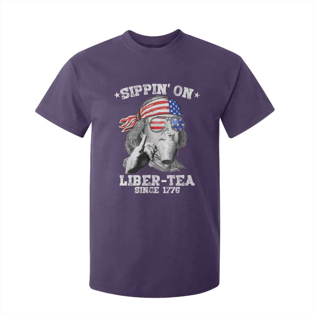 Funny 4th Of July T Shirt For Kid Sippin On Liber Tea Liberty Ben Franklin 1776 USA Flag TS10 Purple Print Your Wear