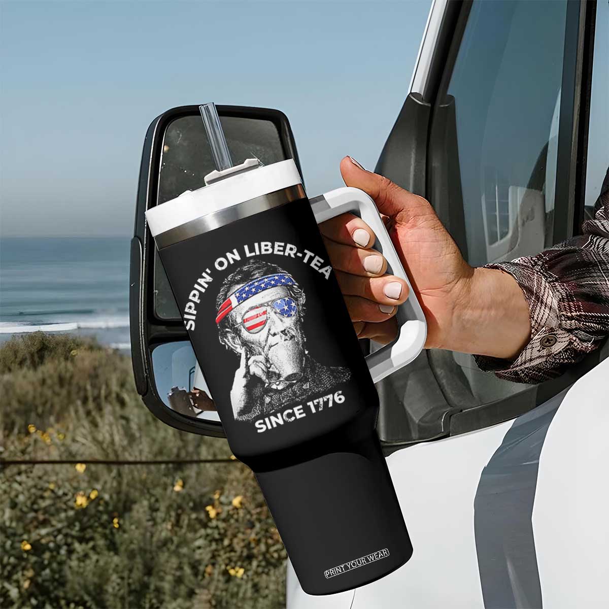 Funny 4th Of July Tumbler With Handle Sippin On Liber Tea Liberty Abe Lincoln 1776 USA Flag TS10 Print Your Wear