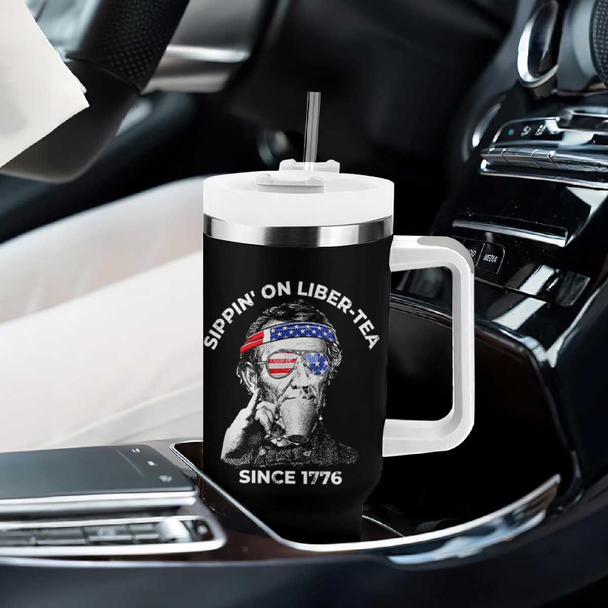 Funny 4th Of July Tumbler With Handle Sippin On Liber Tea Liberty Abe Lincoln 1776 USA Flag TS10 Print Your Wear
