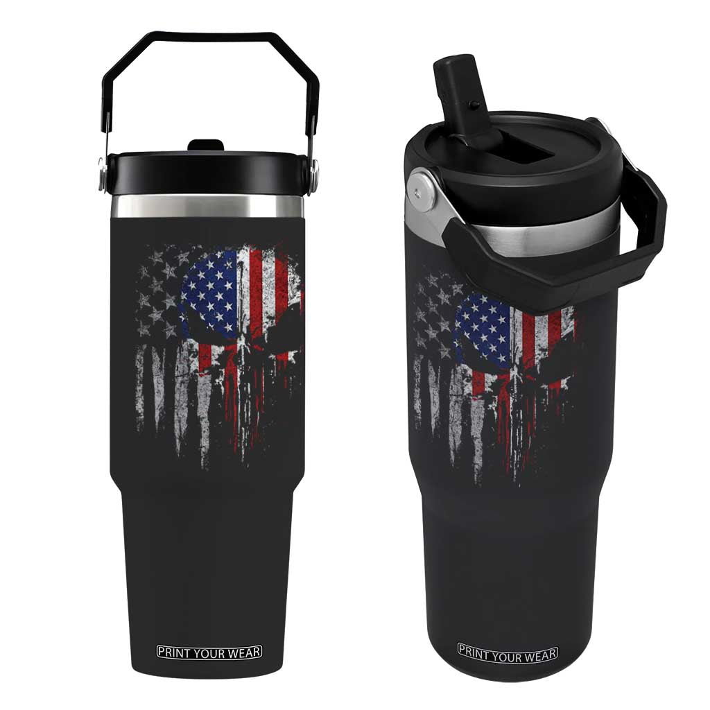 Funny 4th Of July Vintage American Flag Skull Skeleton Flip Straw Tumbler TS11 One Size: 30 oz Black Print Your Wear
