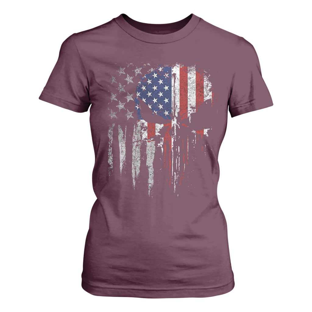 Funny 4th Of July Vintage American Flag Skull Skeleton T Shirt For Women TS11 Maroon Print Your Wear