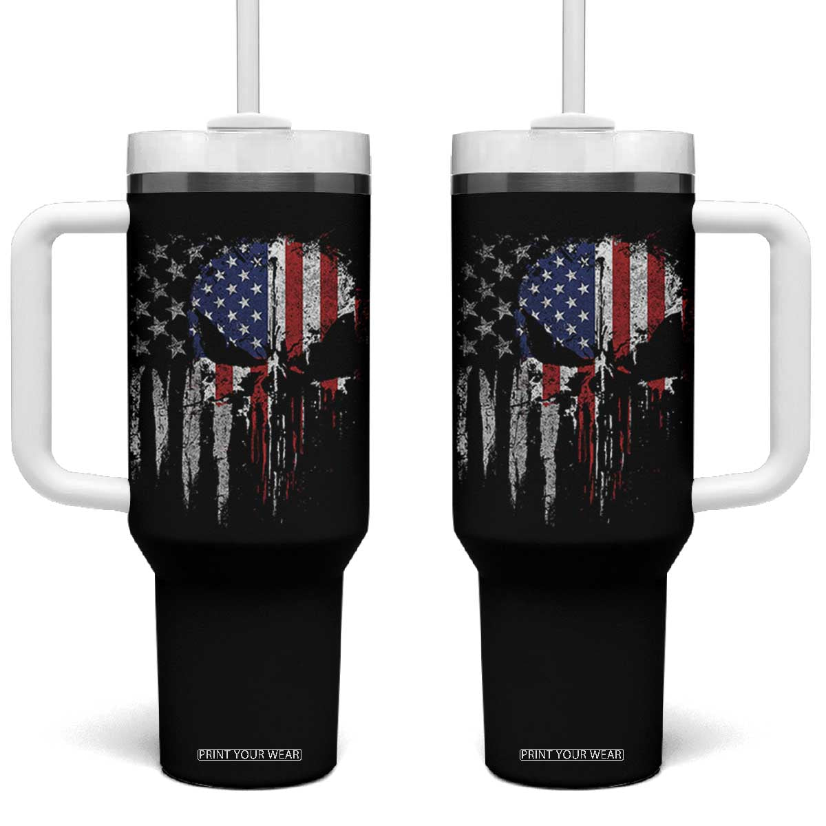 Funny 4th Of July Vintage American Flag Skull Skeleton Tumbler With Handle TS11 One Size: 40 oz Black Print Your Wear