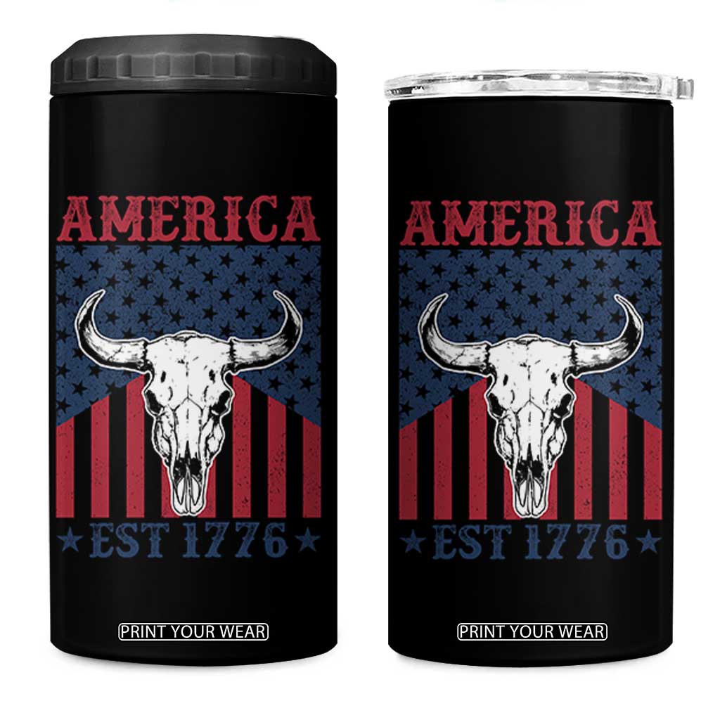 Funny 4th Of July Western 4 in 1 Can Cooler Tumbler America EST 1776 Long Horn Skull TS11 One Size: 16 oz Black Print Your Wear