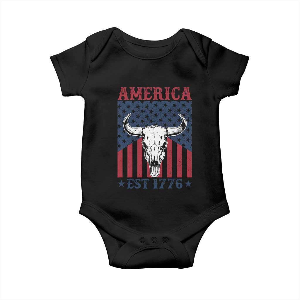 Funny 4th Of July Western Baby Onesie America EST 1776 Long Horn Skull TS11 Black Print Your Wear