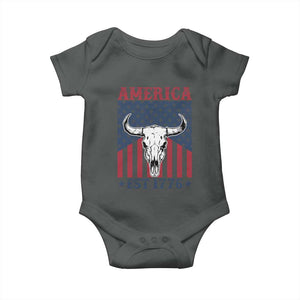 Funny 4th Of July Western Baby Onesie America EST 1776 Long Horn Skull TS11 Dark Heather Print Your Wear