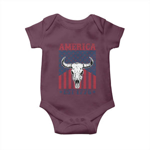 Funny 4th Of July Western Baby Onesie America EST 1776 Long Horn Skull TS11 Maroon Print Your Wear