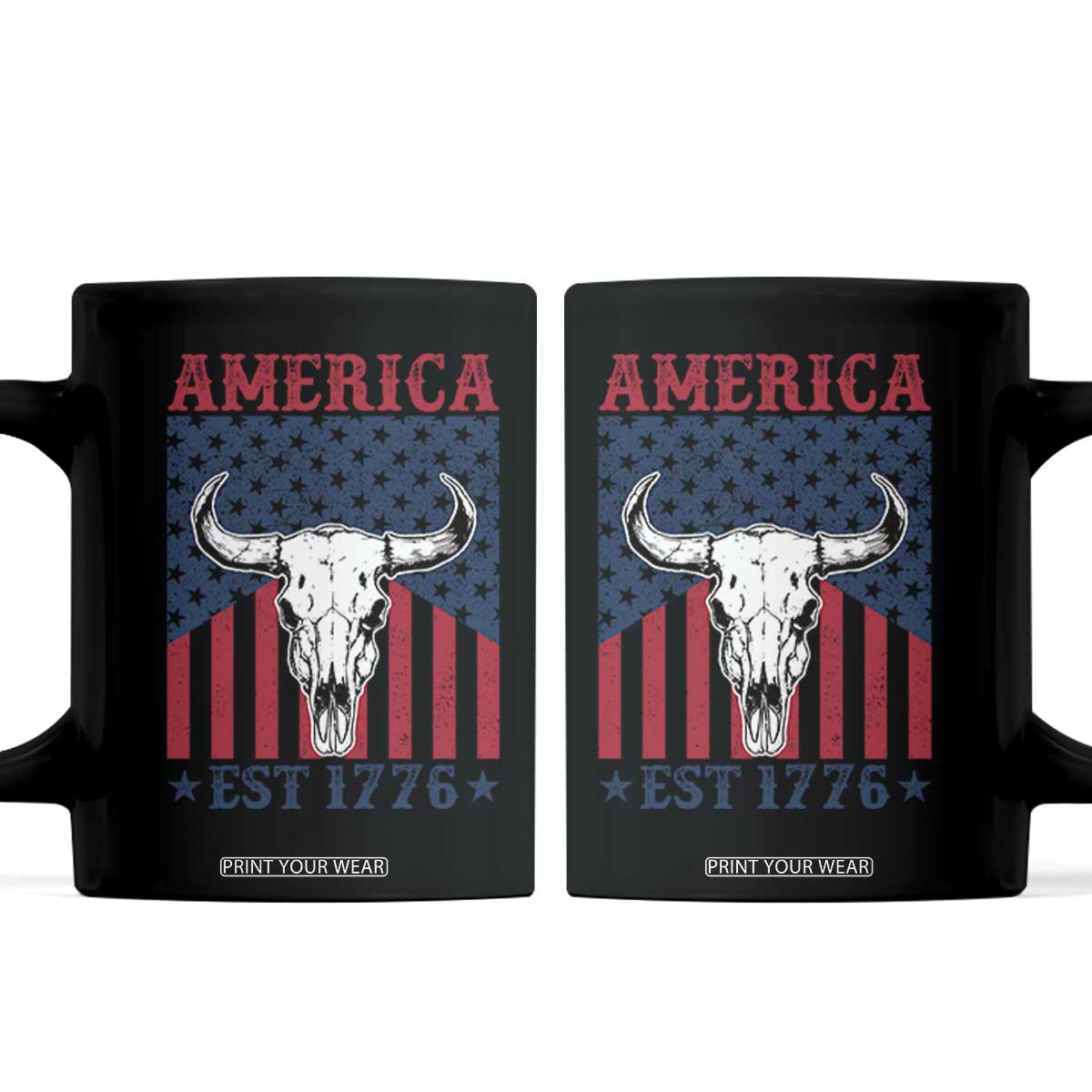 Funny 4th Of July Western Coffee Mug America EST 1776 Long Horn Skull TS11 Black Print Your Wear