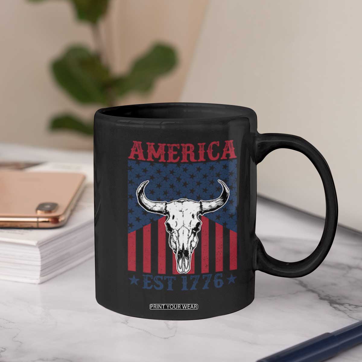 Funny 4th Of July Western Coffee Mug America EST 1776 Long Horn Skull TS11 Print Your Wear