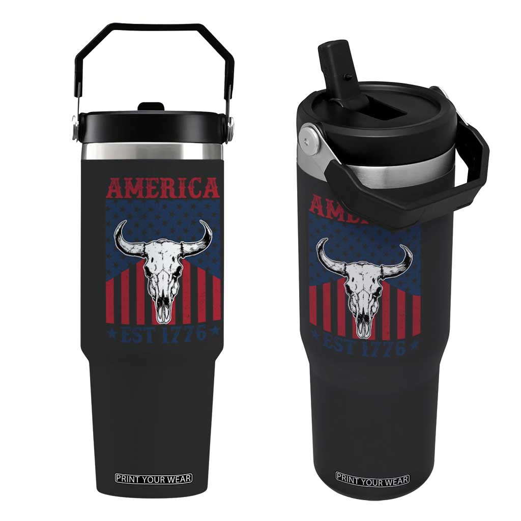 Funny 4th Of July Western Flip Straw Tumbler America EST 1776 Long Horn Skull TS11 One Size: 30 oz Black Print Your Wear
