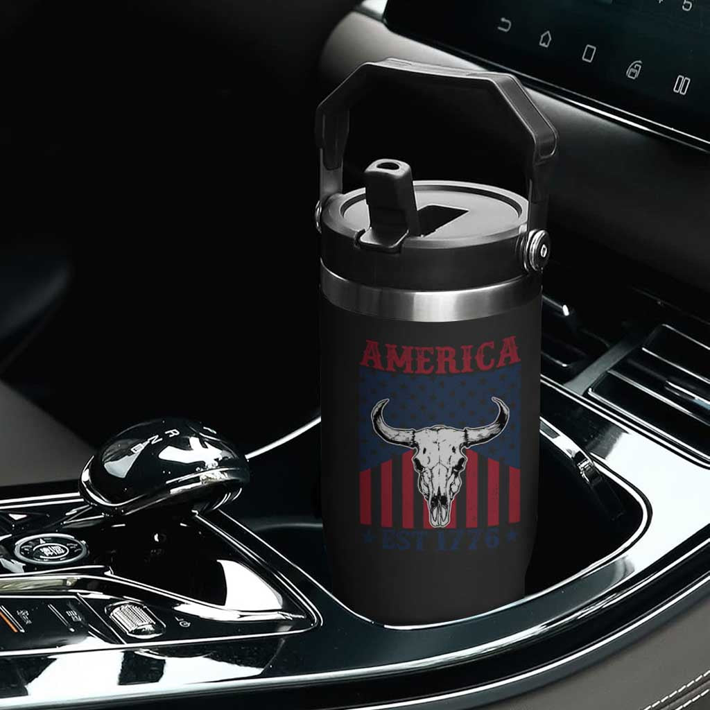 Funny 4th Of July Western Flip Straw Tumbler America EST 1776 Long Horn Skull TS11 Print Your Wear