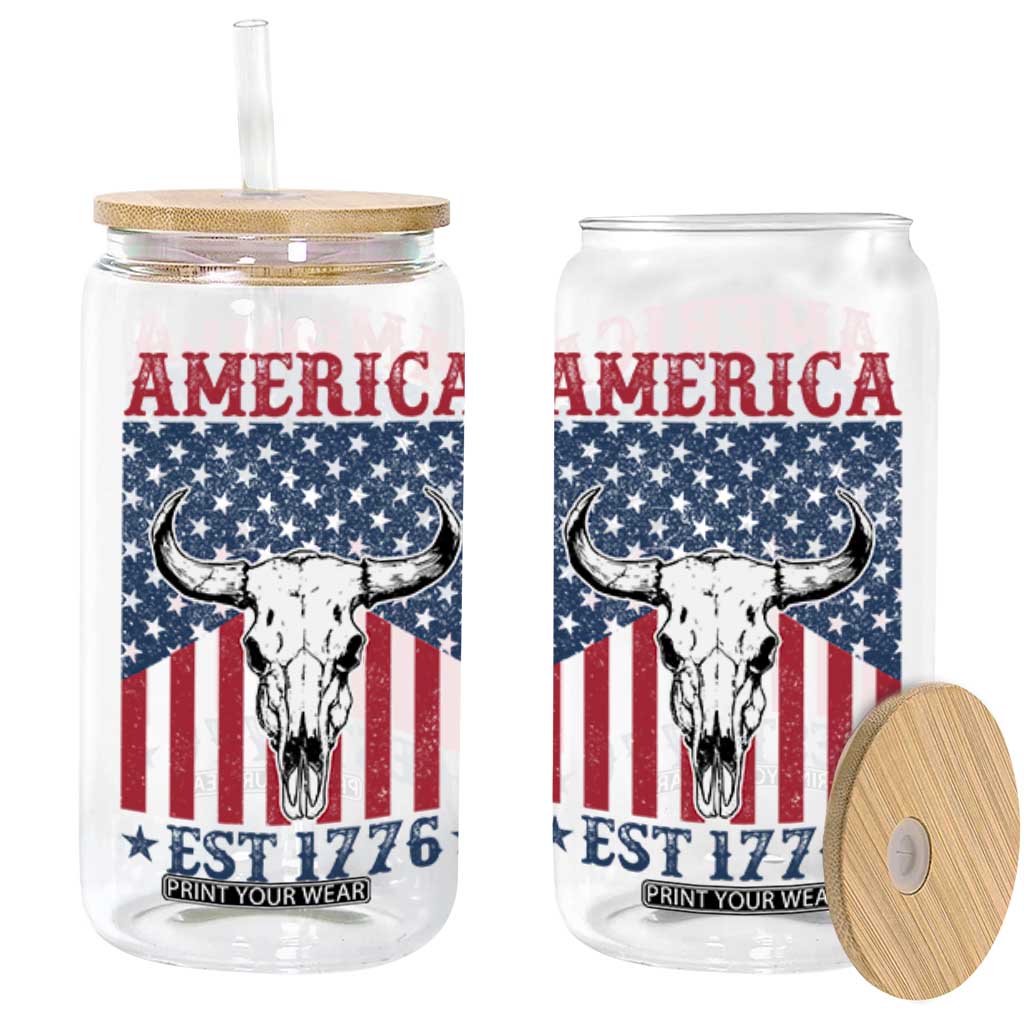 Funny 4th Of July Western Glass Can America EST 1776 Long Horn Skull TS11 Black Print Your Wear