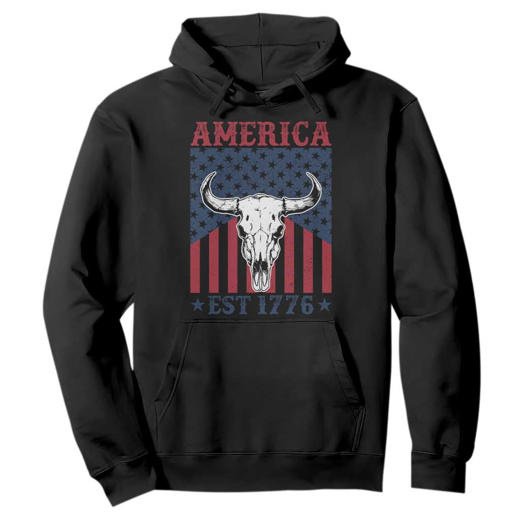 Funny 4th Of July Western Hoodie America EST 1776 Long Horn Skull TS11 Black Print Your Wear