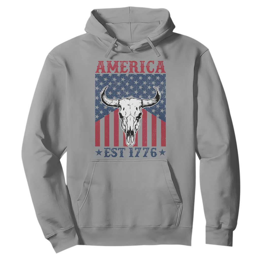 Funny 4th Of July Western Hoodie America EST 1776 Long Horn Skull TS11 Sport Gray Print Your Wear