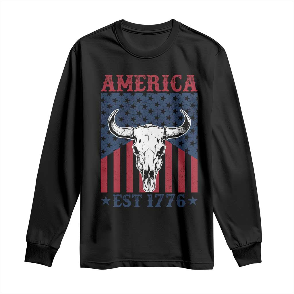 Funny 4th Of July Western Long Sleeve Shirt America EST 1776 Long Horn Skull TS11 Black Print Your Wear