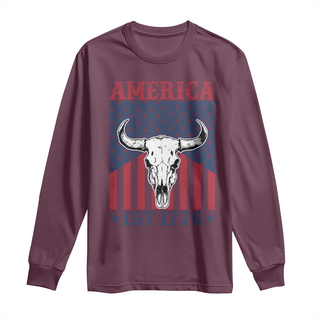 Funny 4th Of July Western Long Sleeve Shirt America EST 1776 Long Horn Skull TS11 Maroon Print Your Wear