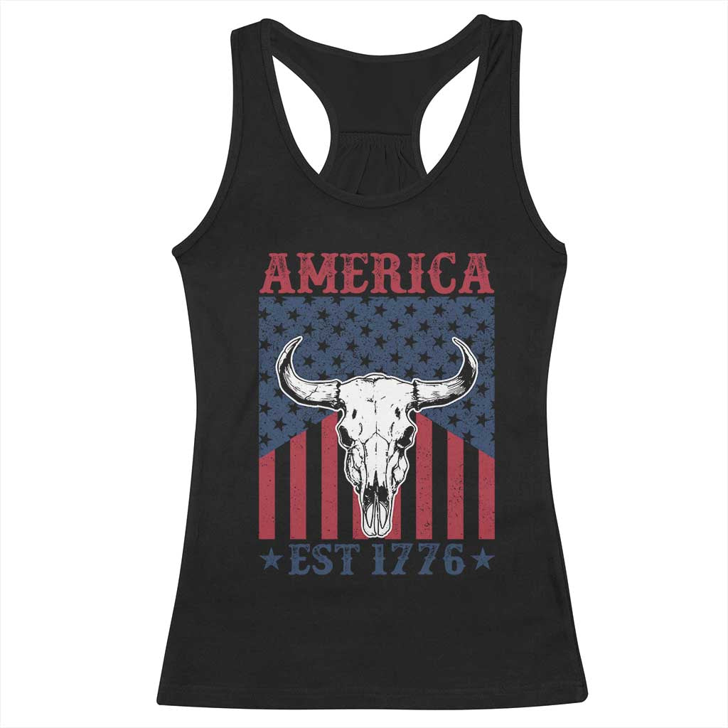 Funny 4th Of July Western Racerback Tank Top America EST 1776 Long Horn Skull TS11 Black Print Your Wear